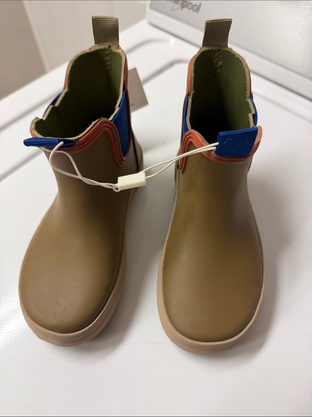 Zara Kids Olive Rain Boots with Blue and Coral Trim